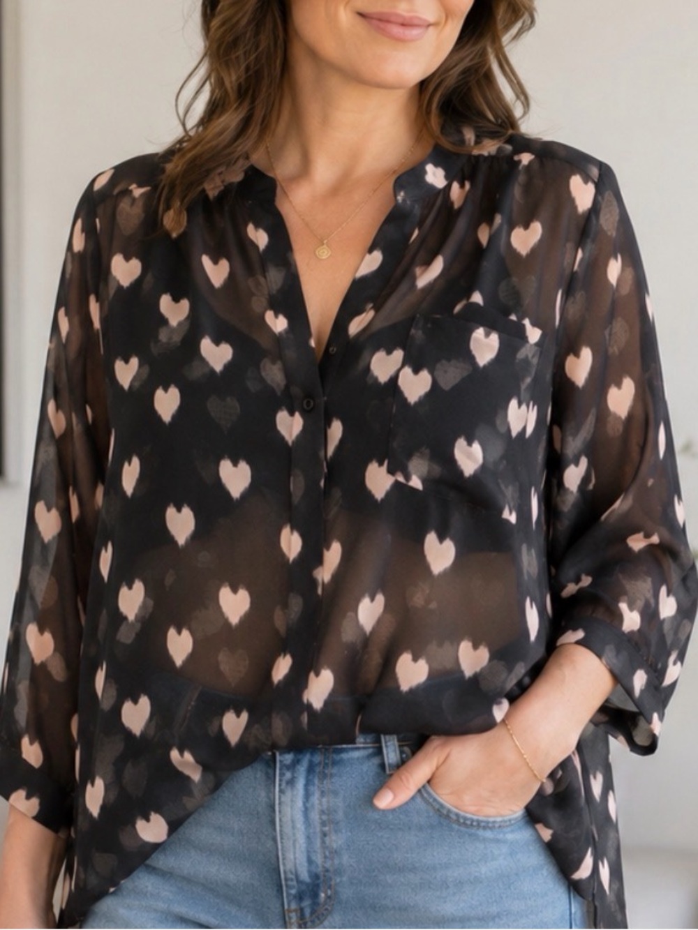 fun 2 fun Sheer Black Blouse with Pale Pink Heart Print